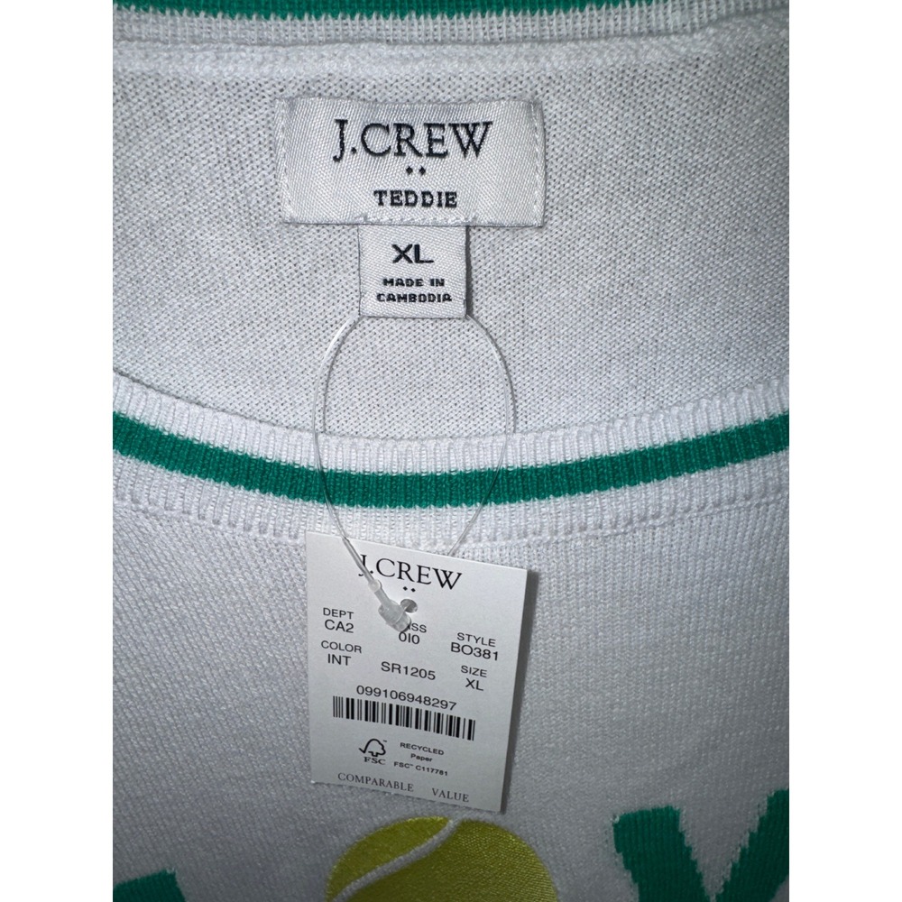 J.Crew Teddie Sweater Womens XL White Green Tennis Love Graphic Cotton NEW - Picture 2 of 4